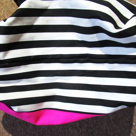 VICTORIA'S SECRET Striped Tote Bag Black White Pink Canvas 18" x 16" x 8" - Picture 4 of 4